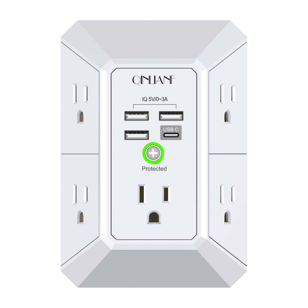 Wall Charger, Surge Protector, QINLIANF 5 Outlet Extender with 4 USB Charging Ports (4.8A Total) 3-Sided 1680J Power Strip Multi Plug Adapter