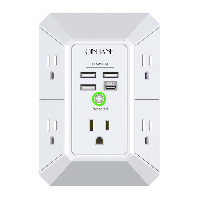 Wall Charger, Surge Protector, QINLIANF 5 Outlet Extender with 4 USB Charging Ports (4.8A Total) 3-Sided 1680J Power Str