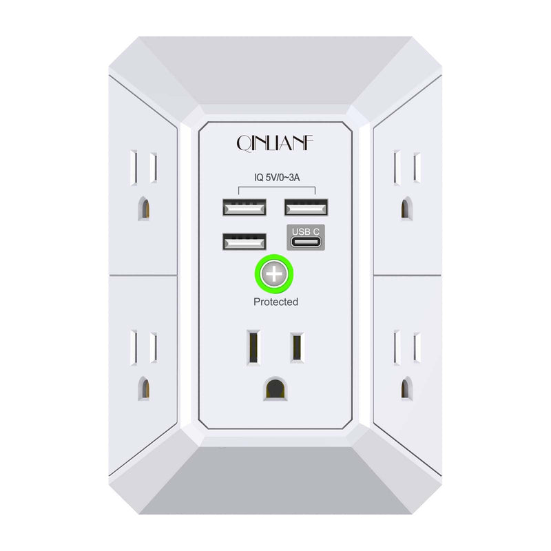 Wall Charger, Surge Protector, QINLIANF 5 Outlet Extender with 4 USB Charging Ports (4.8A Total) 3-Sided 1680J Power Strip Multi Plug Adapter
