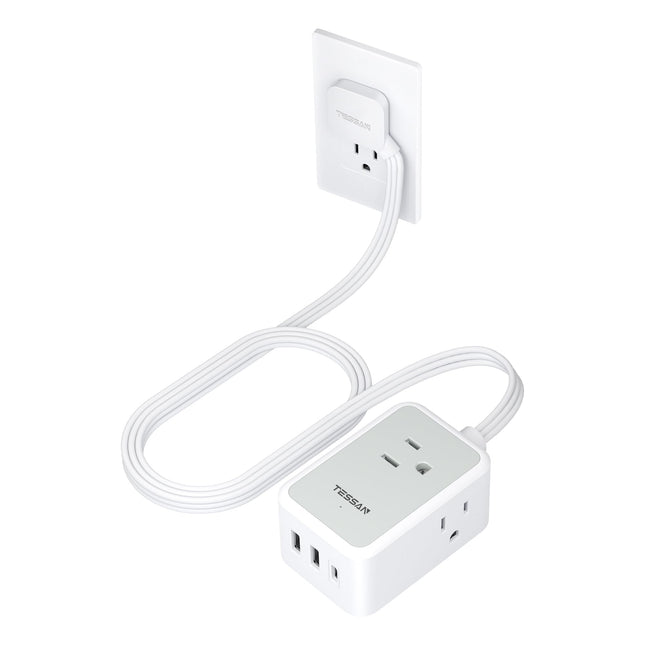 Small Flat Plug Power Strip, TESSAN Ultra Thin Extension Cord with 3 USB Wall Charger (1 USB C), 3 Outlets Mini Charging