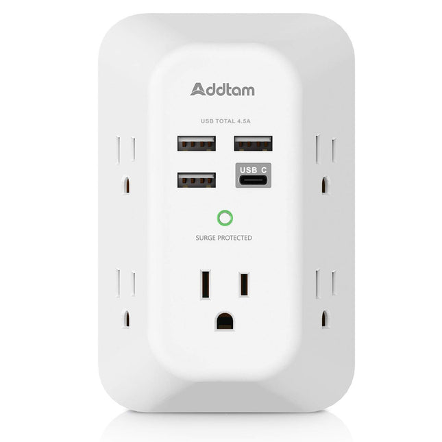 Addtam USB Wall Charger Surge Protector 5 Outlet Extender with 4 USB Charging Ports (1 USB C Outlet) 3 Sided 1800J Power