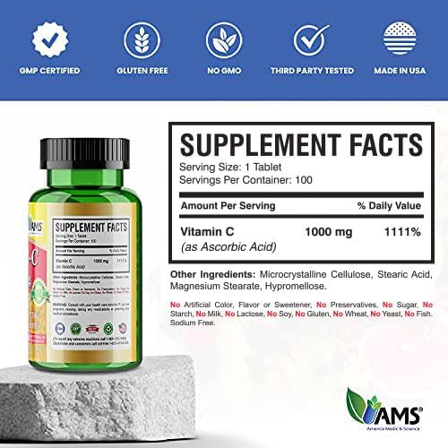 America Medic & Science Rapid-C 1000Mg Vitamin C Supplement (5 Pack of 100 Tablets) Energy Booster, Daily Immune System Support, Antioxidant |
