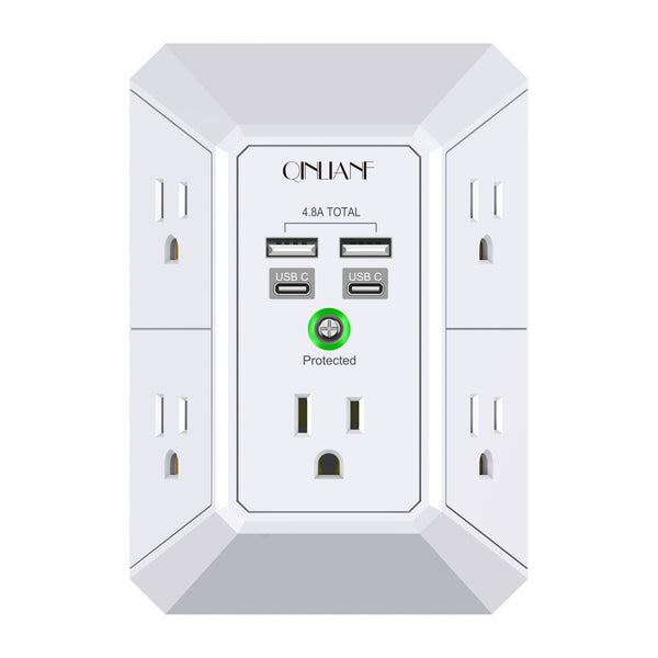 USB Wall Charger, Surge Protector, QINLIANF 5 Outlet Extender with 4 USB Charging Ports (4.8A Total) 3-Sided 1680J Power Strip Multi Plug Outlets