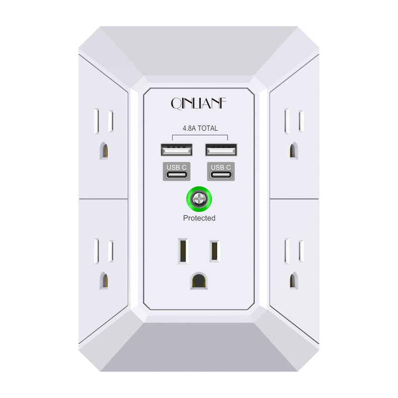 USB Wall Charger, Surge Protector, QINLIANF 5 Outlet Extender with 4 USB Charging Ports (4.8A Total) 3-Sided 1680J Power Strip Multi Plug Outlets