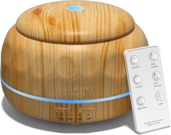 ASAKUKI Essential Oil Diffuser, 300ML Aromatherapy Humidifier with 7-Color Light, Small Home Diffuser with Remote Control for Relaxation -Light Wood