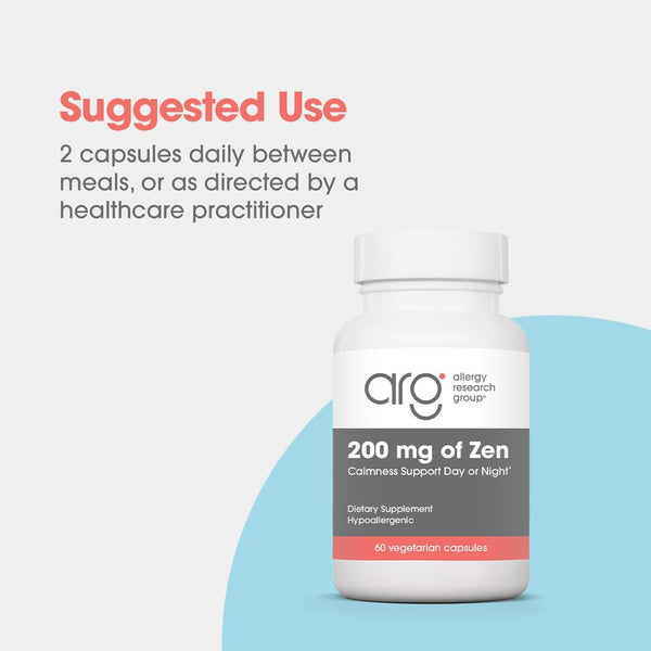 Allergy Research Group 200 Mg of Zen Supplement - Calmness Support, Day or Night, GABA, L-Theanine, Hypoallergenic, Vegetarian Capsules - 60 Count