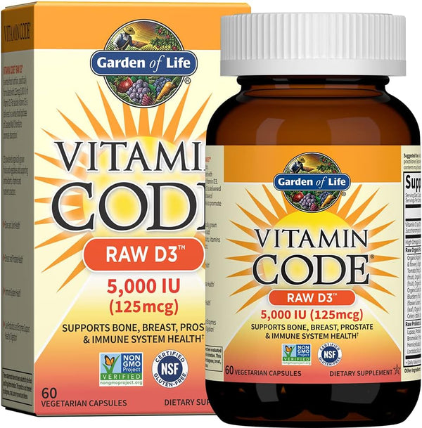 Garden of Life Vitamin D, Vitamin Code Raw D3, Vitamin D 5,000 IU, Raw Whole Food Supplements with Chlorella, Fruit, Veggies & Probiotics for Bone