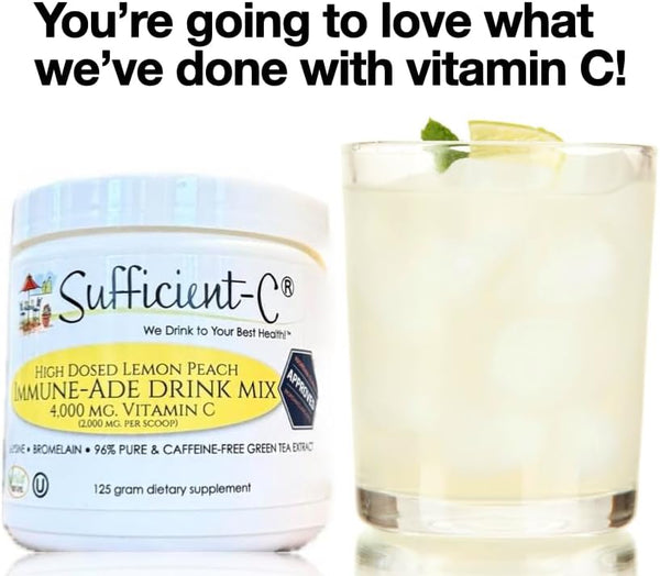 Sufficient-C High Dose Non-Gmo Vitamin C Lemon Peach Immune-Ade Drink Mix, Convenient 125 Gram Size W/L-Lysine, Bromelain & a Premium 96% Pure