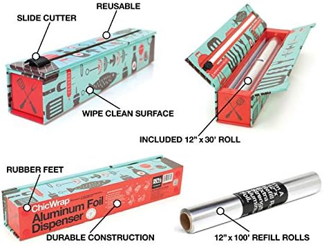 Chicwrap BBQ Tools Refillable Foil Dispenser - Includes 12"X 30' Roll of Professional Aluminum Foil - Reusable Dispenser W/Slide Cutter - Ideal