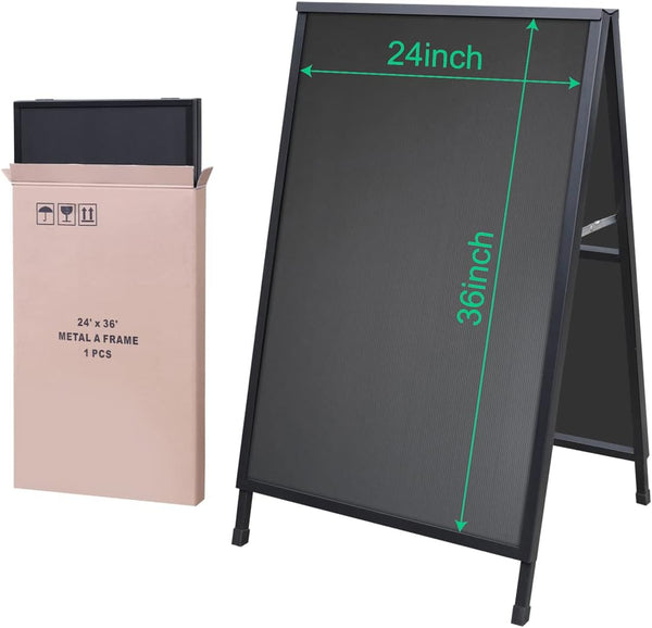 Heavy Duty Slide-In Folding Sandwich Board A-Frame Sidewalk Sign 24X36 Inch Black Coated Steel Metal Double-Sided Pavement Sign (2 Corrugated