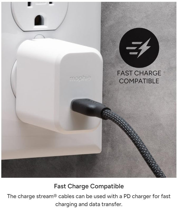 Mophie Charge Stream USB-A to USB-C 1M/3Ft Silicone Cable - Braided Enduraflex Design, 15W Fast Charge Compatible, & Ultra-Durable Build