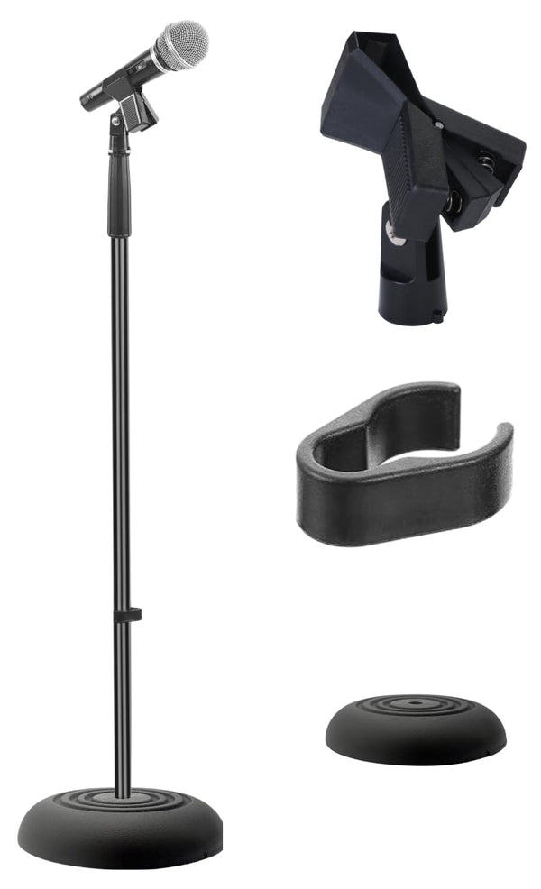 Pyle Adjustable Microphone Stand - Universal Mic Stand with Compact Heavy Base, Floor Standing Design, Height Adjustable, Pivot Angle Clip for