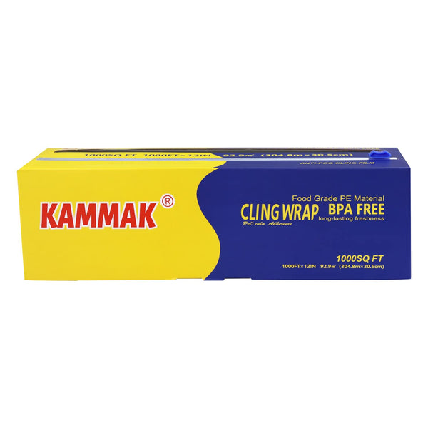 KAMMAK Plastic Wrap with Slide Cutter - 12 Inch Food Service Cling Film Roll - Clear Refillable Stretch Film - 1000 SQ FT Wrap - Bulk Quick Cut