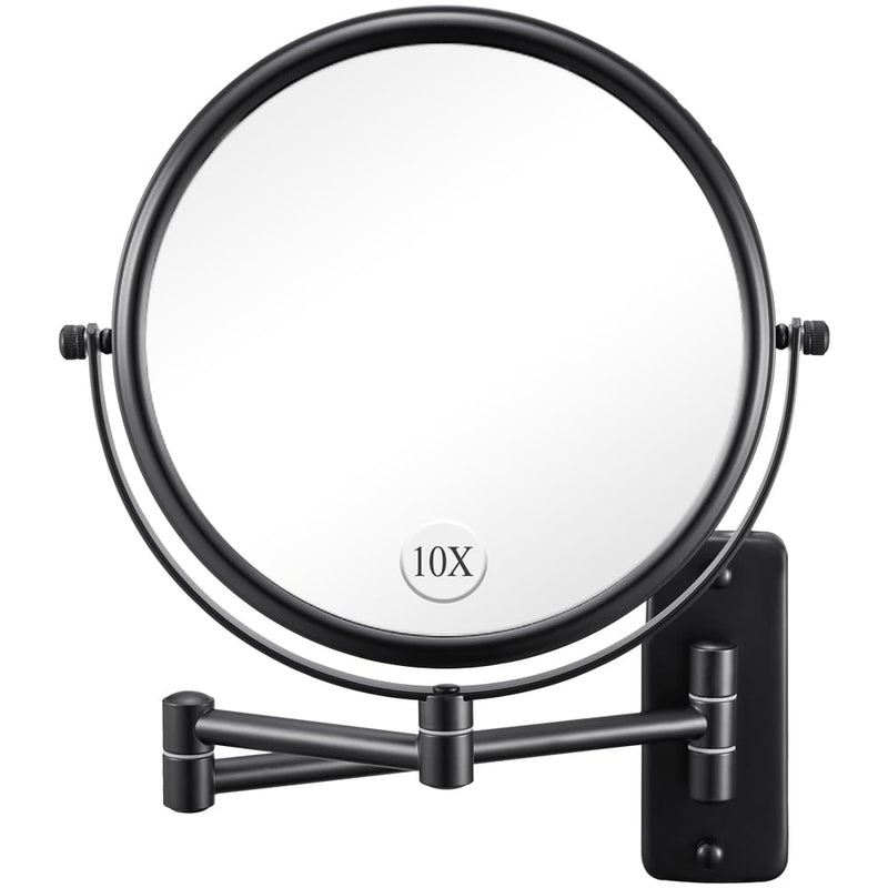 Wall Mounted Makeup Mirror - 1X/10X Magnifying Mirror for Wall, 8 Inch Double Sided 360Â° Swivel Extendable Bathroom Mirror for Shaving, Black