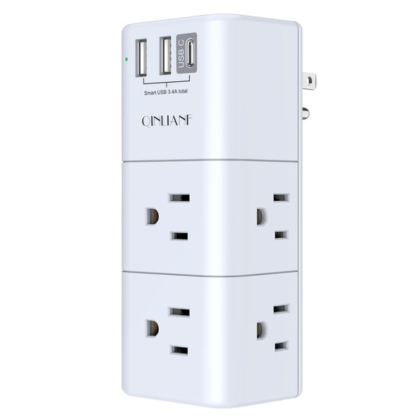 USB Outlet Extender Surge Protector - QINLIANF Rotating Plug, 3-Sided Swivel Power Strip, 6 AC Spaced Outlet Splitter and 3 USB Ports (1 USB C)