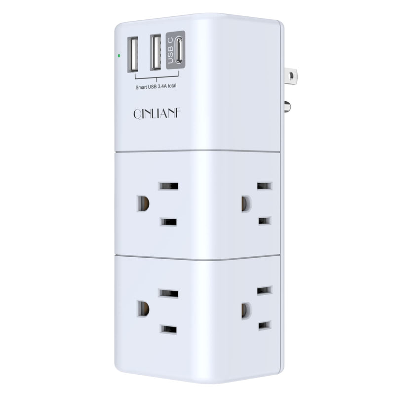 USB Outlet Extender Surge Protector - QINLIANF Rotating Plug, 3-Sided Swivel Power Strip, 6 AC Spaced Outlet Splitter and 3 USB Ports (1 USB C)
