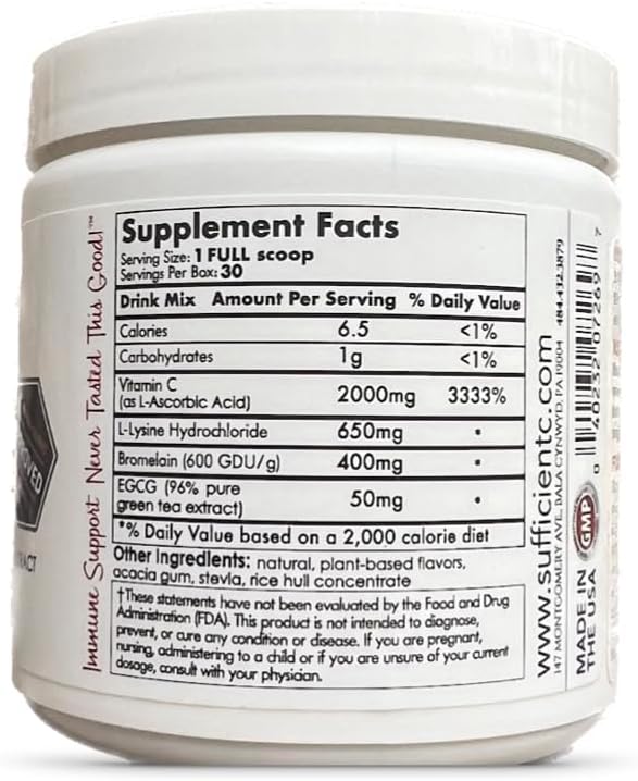 Sufficient-C High Dose Non-Gmo Vitamin C Lemon Peach Immune-Ade Drink Mix, Convenient 125 Gram Size W/L-Lysine, Bromelain & a Premium 96% Pure