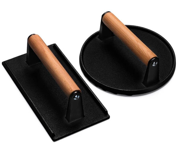 EWFEN Burger Press, 7" round & 8.2"X4.3" Rectangle Heavy-Duty Cast Iron Smash Bacon Press Meat Steak with Wood Handle for Griddle, Sandwich,