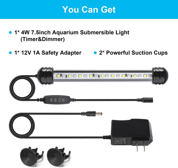 4W 7.5Inch Submersible Aquarium Light Underwater Fish Tank Light LED Aquarium Light Bar with Timer Auto On/Off and Dimmer Adjustable Brightness, 1