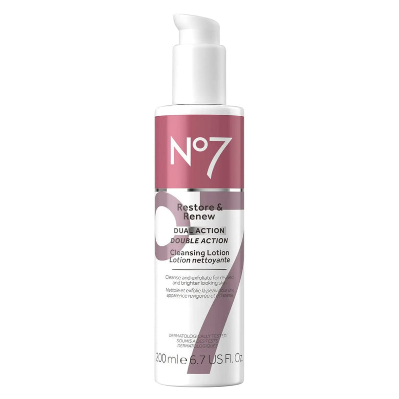 No7 Restore & Renew Dual Action Cleansing Lotion - Facial Cleanser & Exfoliant with Alpha Hydroxy Acid - Cleansing Lotion Makeup Remover for