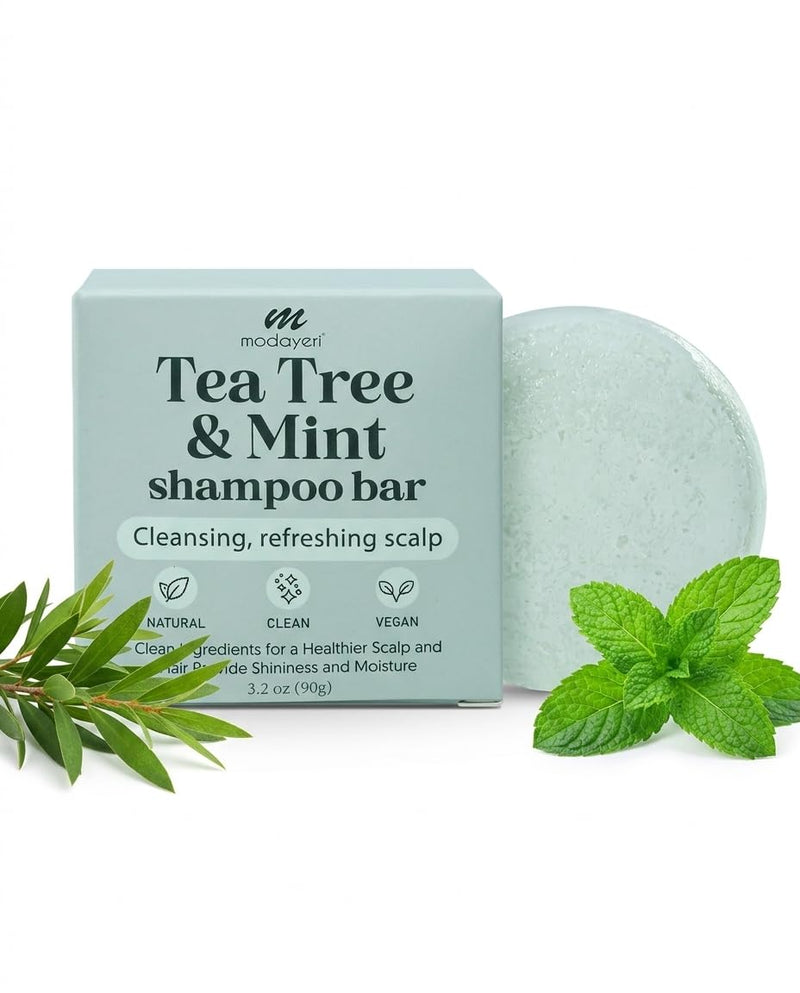 Tea Tree & Mint Shampoo Bar - Natural Hair Cleanser with Invigorating Oils, Sulfate-Free & Vegan, Suitable for All Types, Zero-Waste Care, 3.2 Oz