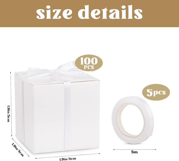 Hooqict 100 Pack Party Favor Boxes White Gift Boxes 2X2X2 Inches Small Cardboard Gift Boxes with Lids and Ribbons Candy Treat Boxes for Gift