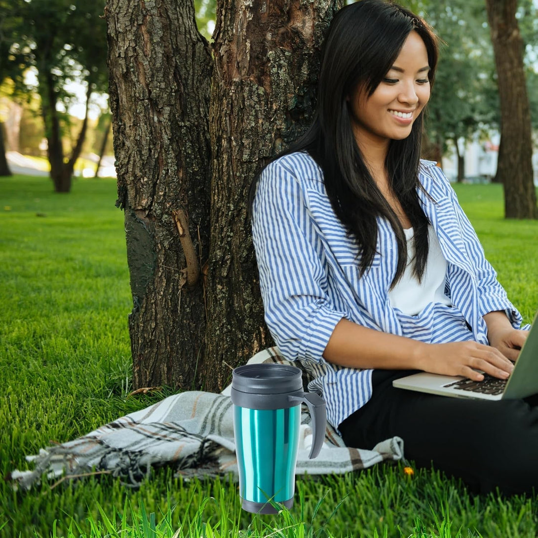 Oggi Commuter Travel Mug 14Oz - Insulated Coffee Mug, Thermal Stainless Steel with Easy Grip Tumbler Handle - Peacock
