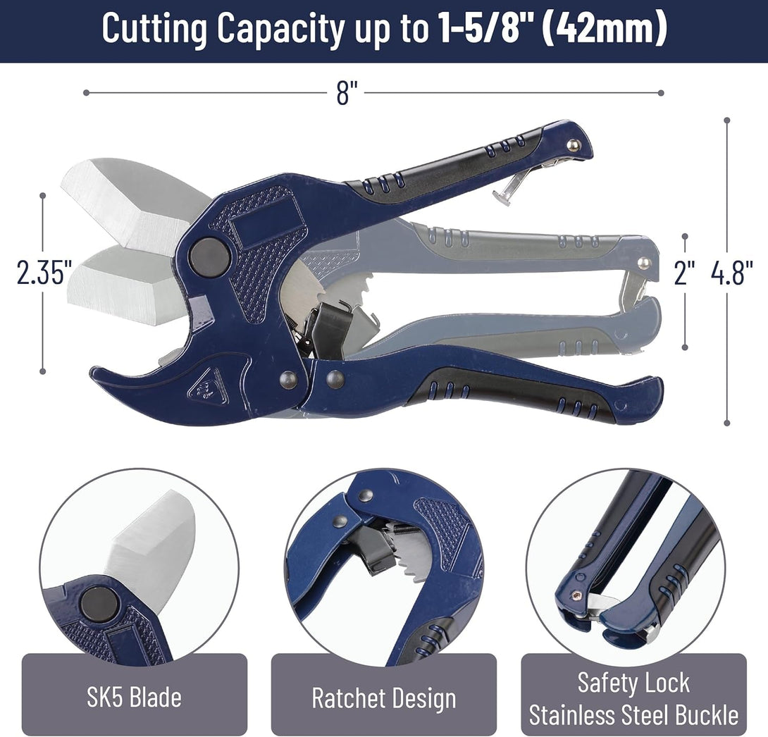 Bates- PVC Pipe Cutter, Cuts up to 1-5/8", Navy Blue Ratcheting PVC Pipe Cutter Tool, Pipe Cutters PVC Pipe Shears, Plastic Pipe Cutter, PEX Pipe Cutter, PVC Cutter Tool, PVC Ratchet Cutter