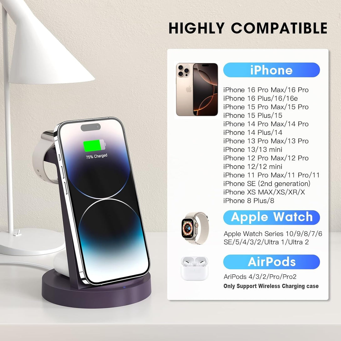 3 in 1 Charging Station for Iphone - Wireless Charger for Apple Products Multiple Devices - Charging Dock Stand for Airpods (For Iphone 16E 16 15 14 13 Pro 12 11 X Max)