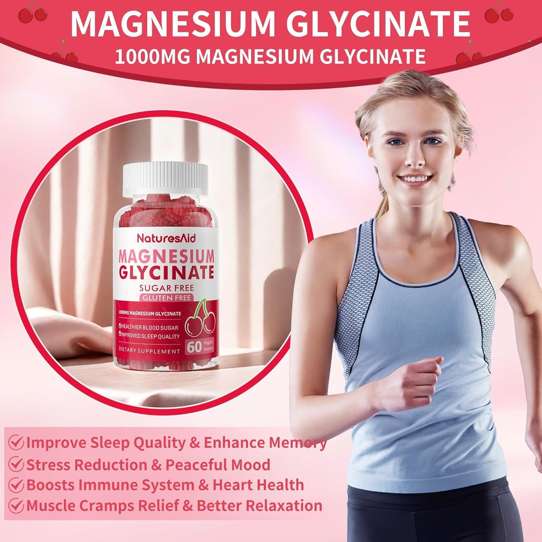 Magnesium Glycinate Gummies 1000Mg - Sugar Free Magnesium Potassium Supplement with Vitamin D, B6, Coq10 for Calm Mood & Sleep Support - 120 Cherry Gummies -2 Pack