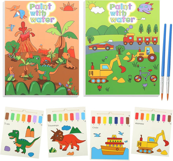 2 Pack Paint with Water Coloring Books Kit - Water Color Painting Paper Arts and Crafts for Toddlers Kids Ages 3 4 5 6 7 8 Year Old - Dinosaur Toys Gifts for Boys (Dinosaur & Transport)