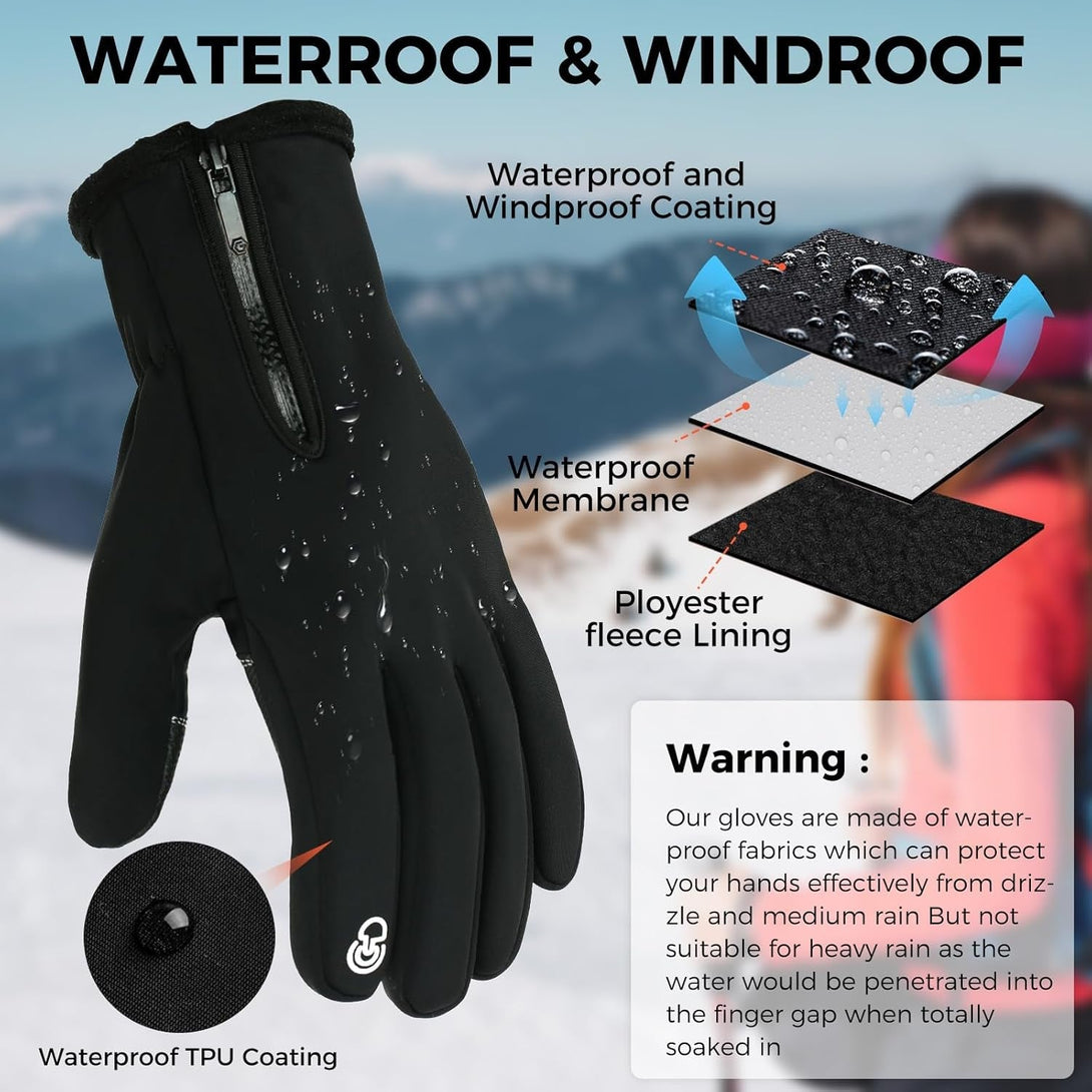 AURUZA Winter Gloves Men Women, Zipper Cycling Gloves Touch Screen, Windproof Warm Gloves Cold Weather, Anti-Slip Gloves