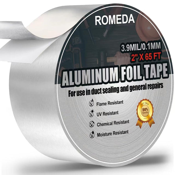 Aluminum Foil Tape, 2 Inch X 65 Feet (3.9 Mil), Insulation Adhesive Metal High Temperature Heavy Duty HVAC Tape, Silver for Ductwork, Dryer Vent, HVAC