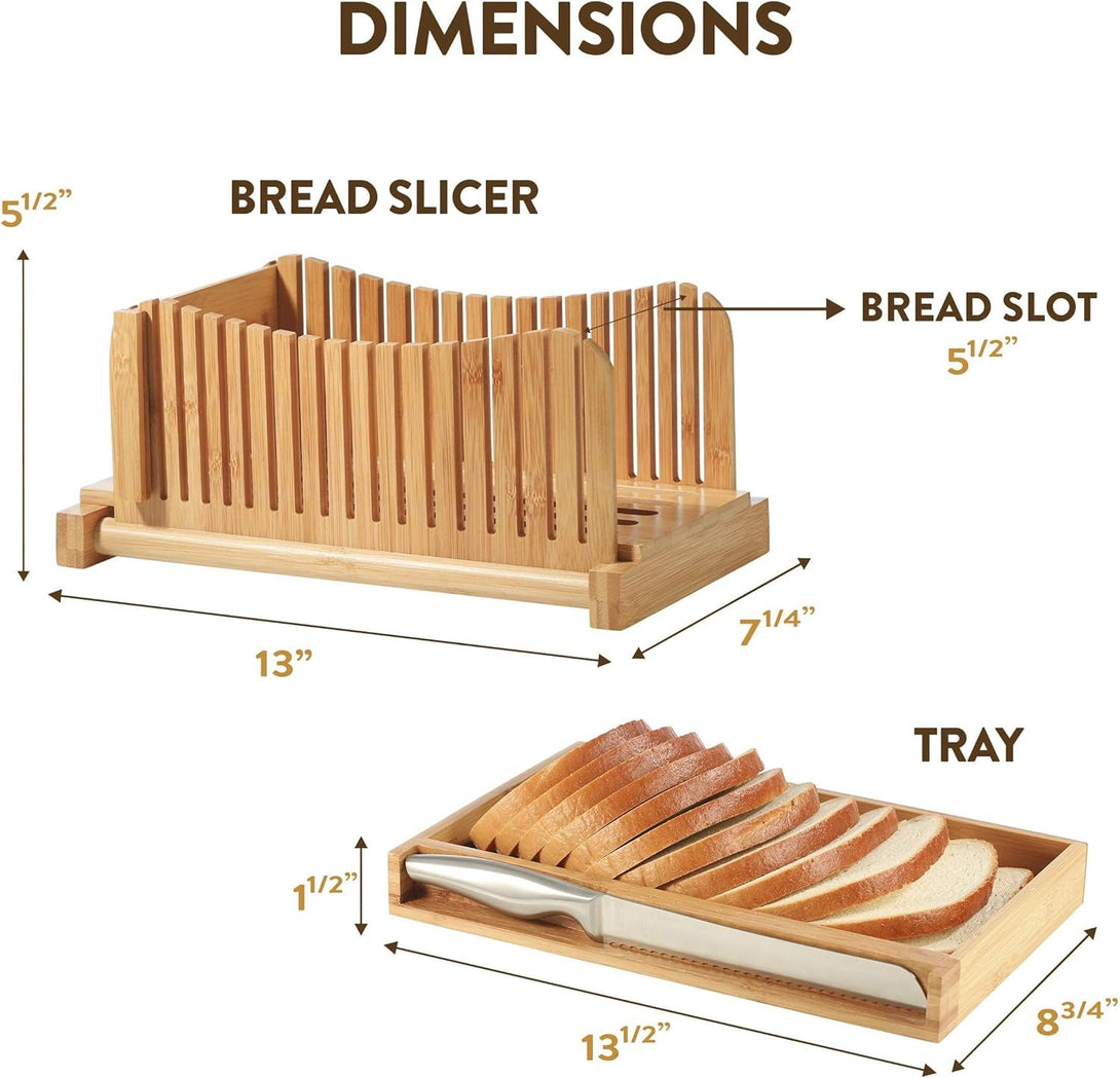 Bambüsi Bread Slicer for Homemade Bread - Bamboo Bread Cutter with Knife, Foldable Slicing Guide, Crumb Tray - Compact Bread Loaf Slicer for Cakes, Bagels, Loaves - Kitchen Gadget & Gifts