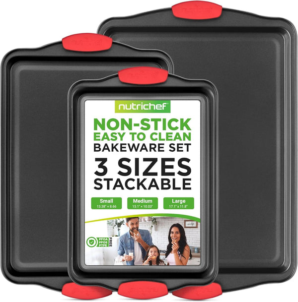 Nutrichef 3-Piece Nonstick Kitchen Oven Baking Pans - Premium & Stylish Non-Stick Steel, Commercial Grade Restaurant Quality Metal Bakeware with Red Silicone Handles - Easy to Clean, NCSBS3S