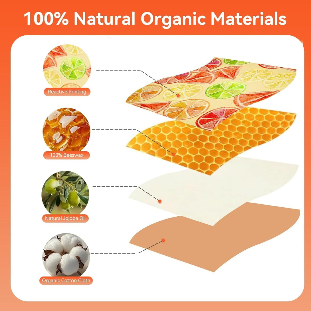 Beeswax Food Wraps Reusable 6-Pack - 3 Sizes + Elastic Storage Wraps for Containers | Reusable Beeswax Bowl Covers & Stretchable Food Wrap | Plastic-Free Storage for Sandwiches, Leftovers, Mason Jars
