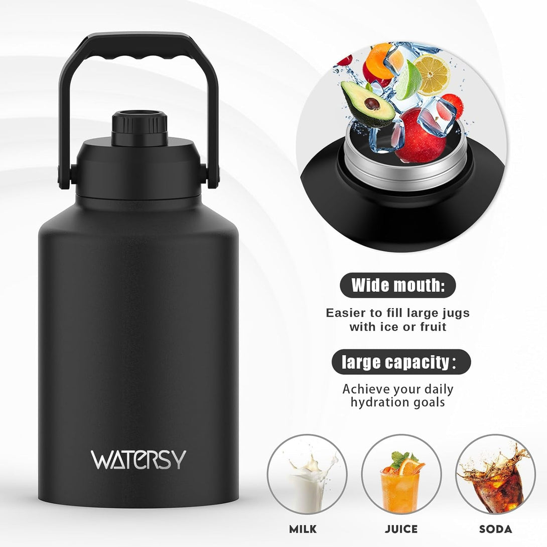1 Gallon Water Bottle Insulated(Cold for 48 Hrs),Bpa Free&Leak Proof,128Oz Stainless Steel Water Jug,Big Thermo,Large Water Bottle with Handle for Gym,Hiking,Camping&Travel,Black