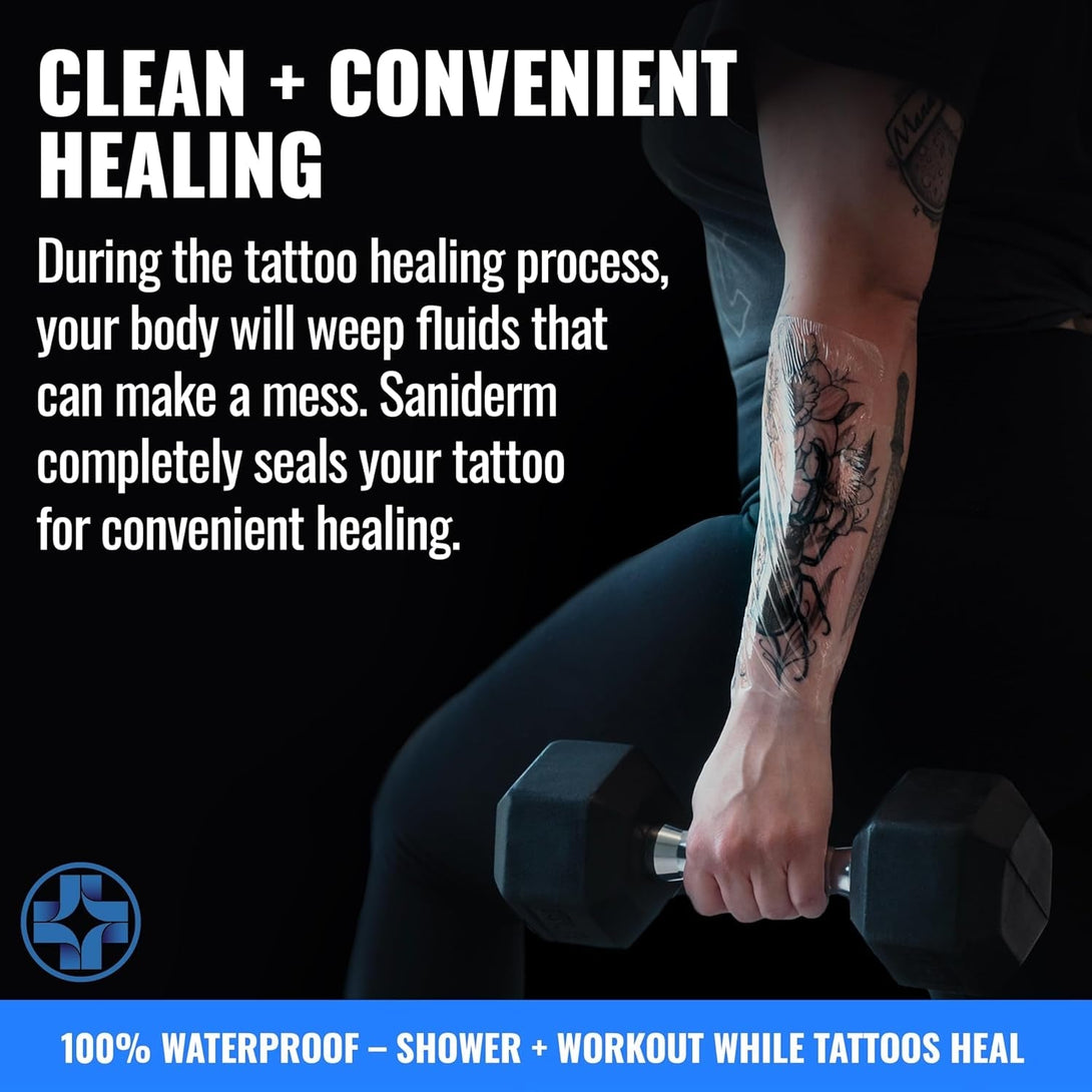 Saniderm Original Tattoo Aftercare Bandage (Personal Roll, 10.2 in X 2 Yd) – Convenient, Faster Tattoo Healing and Protection – Sterile, Waterproof, and Latex-Free Tattoo Aftercare Wrap – Gloss Finish