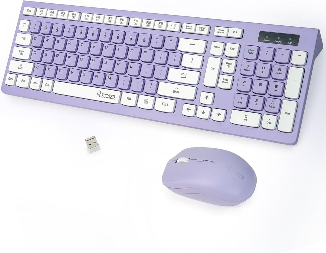 Wireless Keyboard and Mouse Combo, Full-Sized Wireless Keyboard and Adjustable DPI Mouse, 2.4Ghz USB Receiver, Wireless Keyboard and Mouse for PC, Windows, Desktop, Laptop (Purple)