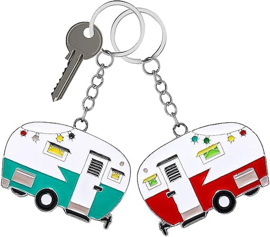 2 Pack Camper Keychain Set Happy RV Camper Keyring Couples Camping Accessories for Men Women Travel Trailers