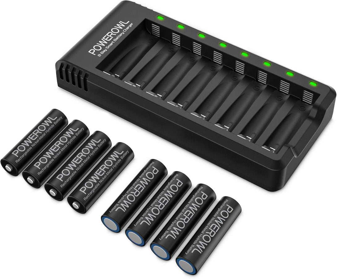 Rechargeable AA Batteries with Charger, POWEROWL 8 Pack of 2800Mah High Capacity Low Self Discharge Ni-Mh Double a Batteries with Smart 8 Bay Battery Charger (USB Fast Charging, Independent Slot)