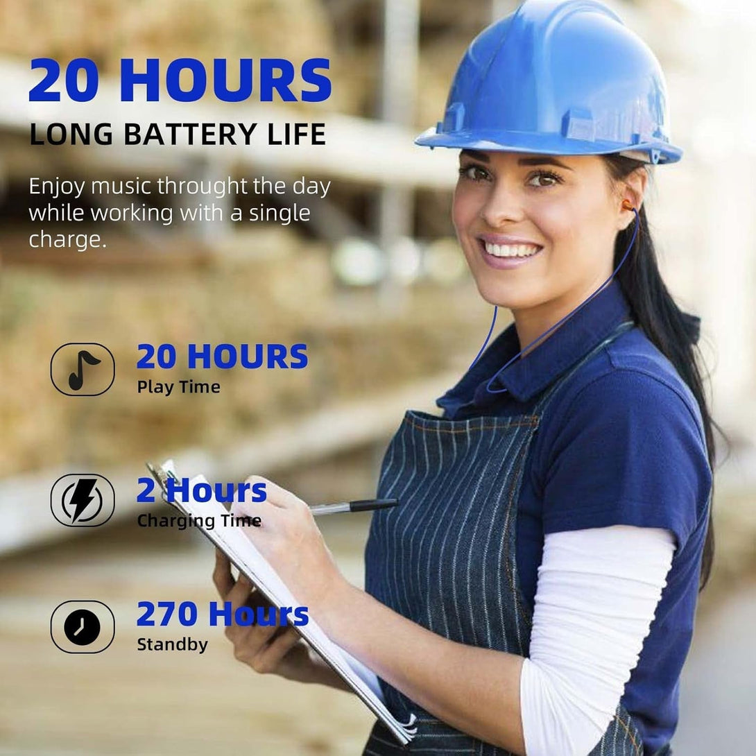 Ear Plugs Bluetooth Headphones for Work, Neckband Wireless Earbuds, Noise Reduction In-Ear Earphones with Mic and Controls, Waterproof Earbuds with 20 Hours Battery, for Industrial Safety