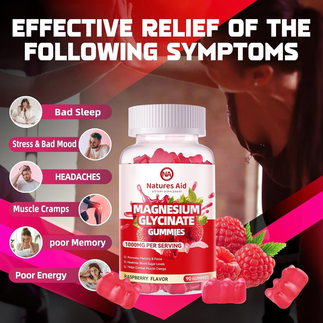 Magnesium Glycinate Gummies 1000Mg - Sugar Free Magnesium Potassium Supplement with Vitamin D, B6, Coq10 for Calm Mood & Sleep Support - 180 Raspberry Gummies.