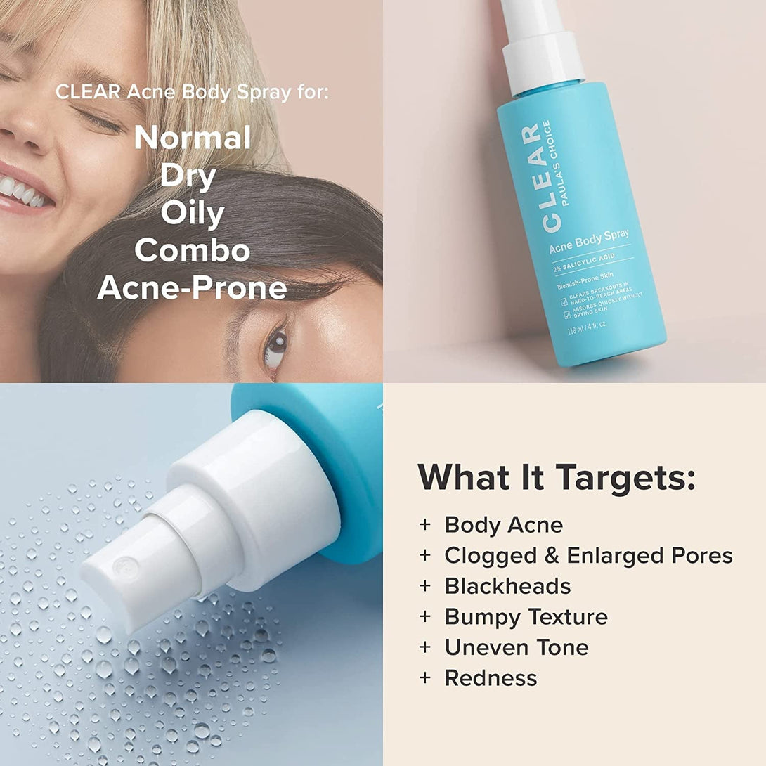 Paula'S Choice CLEAR Back & Body Exfoliating Acne Spray, 2% BHA (Salicylic Acid) Treatment for Bacne, Blackheads & Blemishes, 4 Ounce
