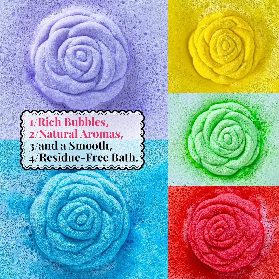 Bath Bomb Gift Set for Women – 10 Pack Handmade with Natural Essential Oils, 5 Aromatic Scents, Relaxing Rose Bubble Bath, Self Care Birthday & Summer Gifts for Mom, Wife, and Her