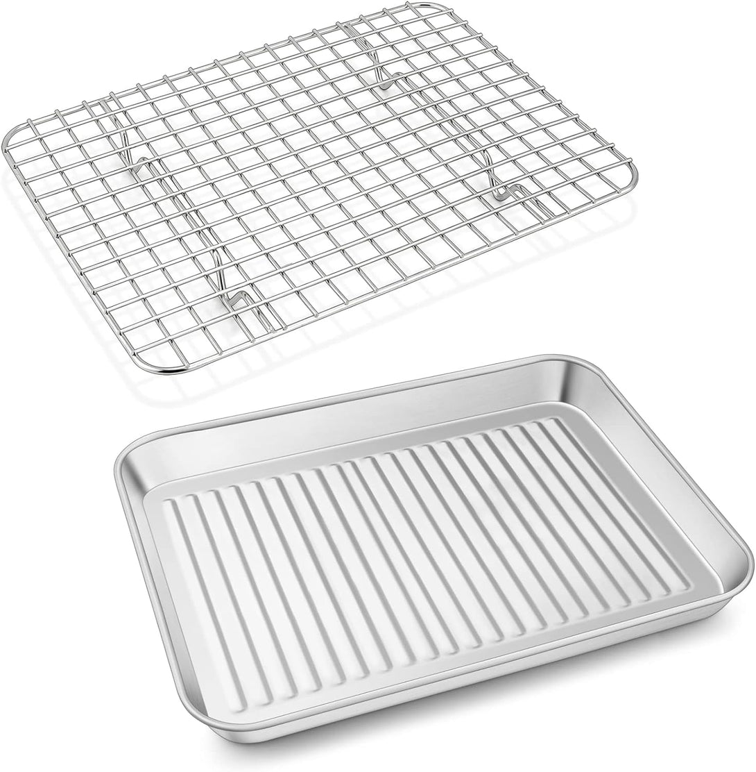 P&P CHEF Toaster Oven Pan with Wire Rack, Stainless Steel Baking Oven Sheet Tray, Bacon Pan and Cooling Rack for Cooking Roasting Cookie, Dishwasher Safe & Easy Clean, 10.5 X 8 X 1 Inch