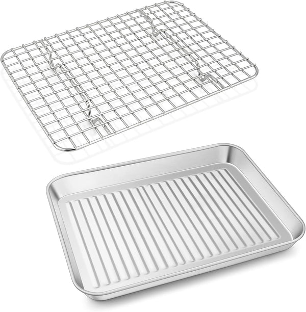 P&P CHEF Toaster Oven Pan with Wire Rack, Stainless Steel Baking Oven Sheet Tray, Bacon Pan and Cooling Rack for Cooking Roasting Cookie, Dishwasher Safe & Easy Clean, 10.5 X 8 X 1 Inch