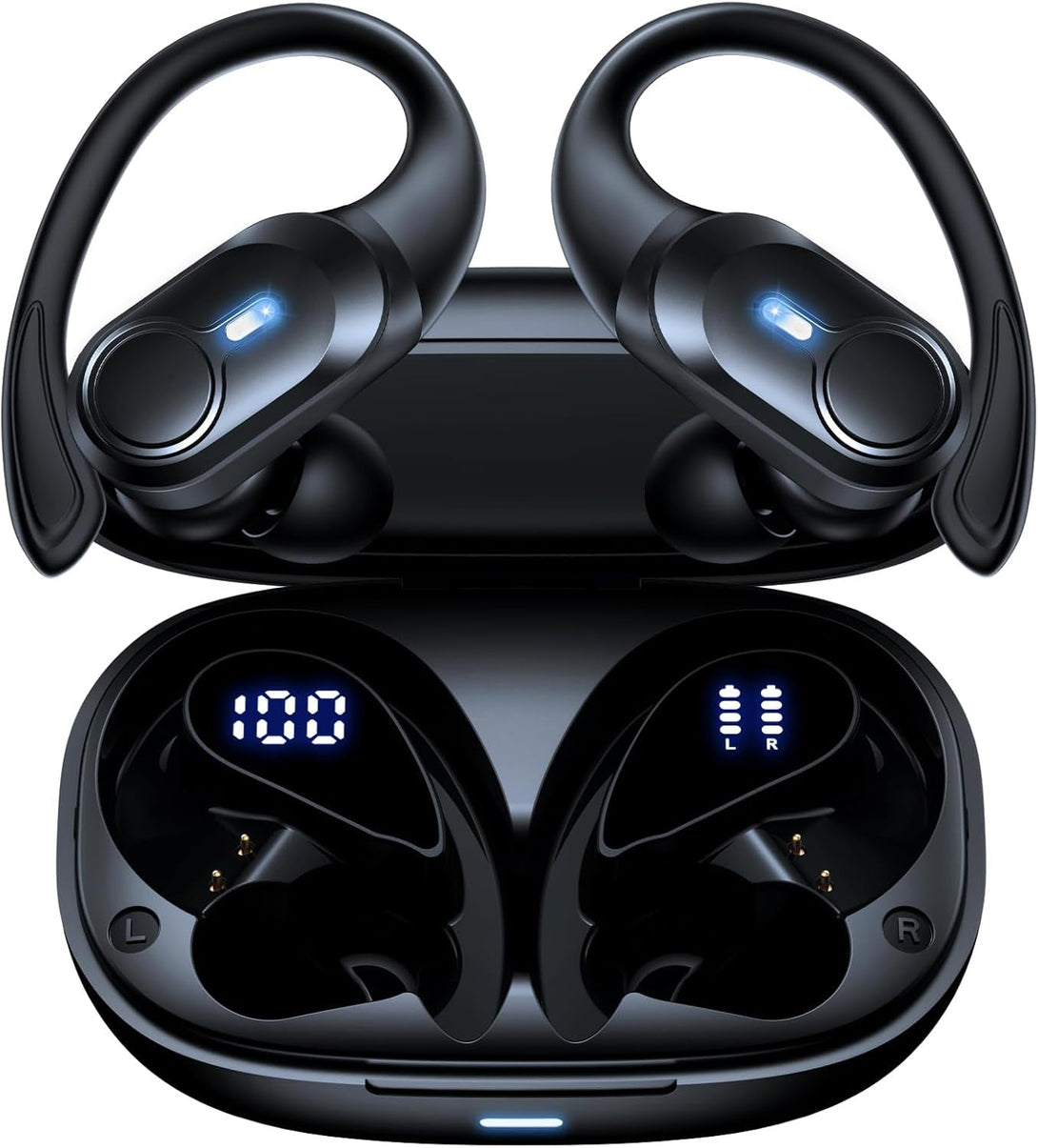 Wireless Earbuds Bluetooth Headphones 70Hrs Playback Ear Buds IPX7 Waterproof Wireless Charging Case & Dual Power Display Over-Ear Stereo Bass Earphones Earhooks for Sports/Workout/Running Black