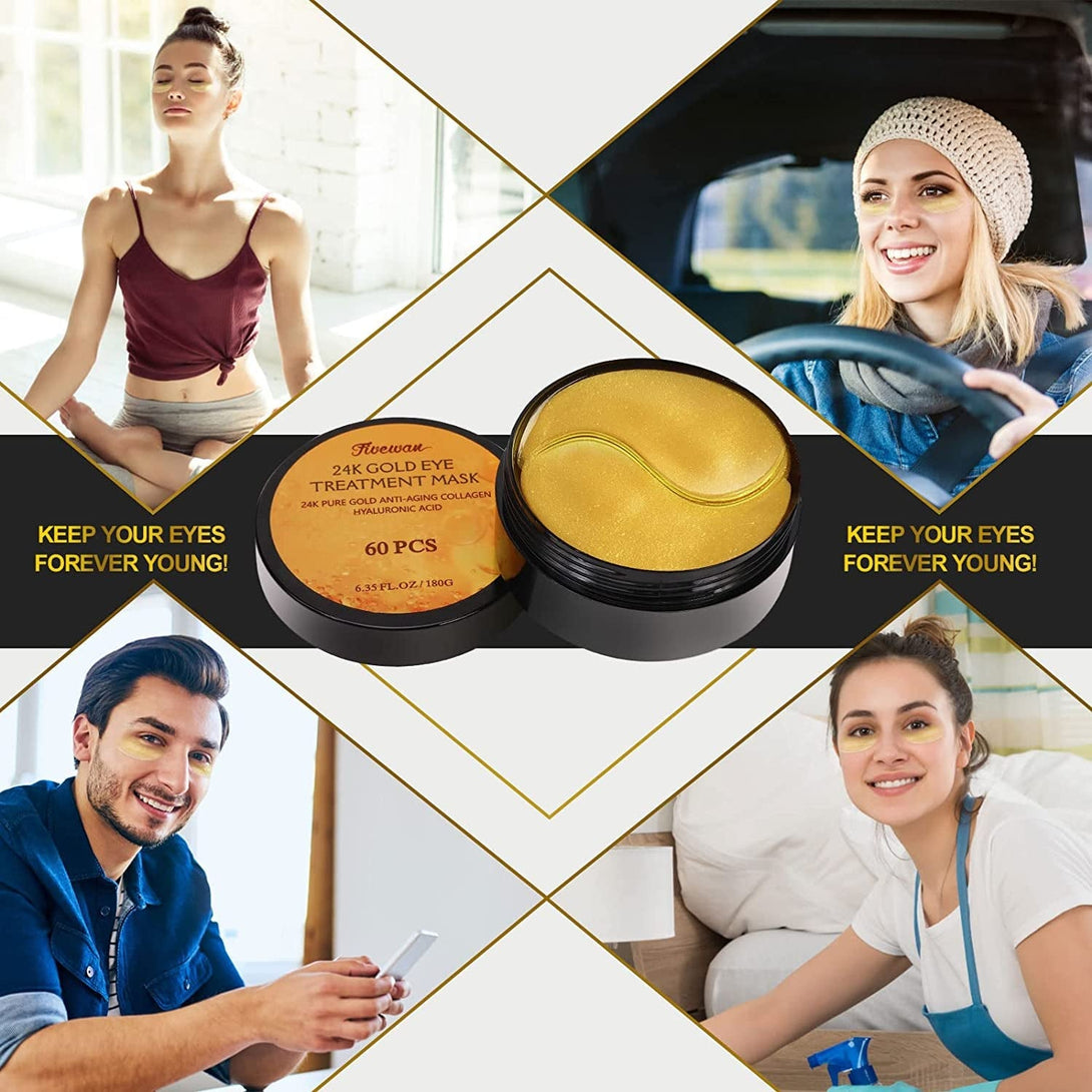 Fivewan 24K Gold under Eye Patches - 60 Pcs Eye Mask Pure Gold Anti-Aging Collagen Hyaluronic Acid under Eye Mask for Removing Dark Circles, Puffiness & Wrinkles Refresh Your Skin