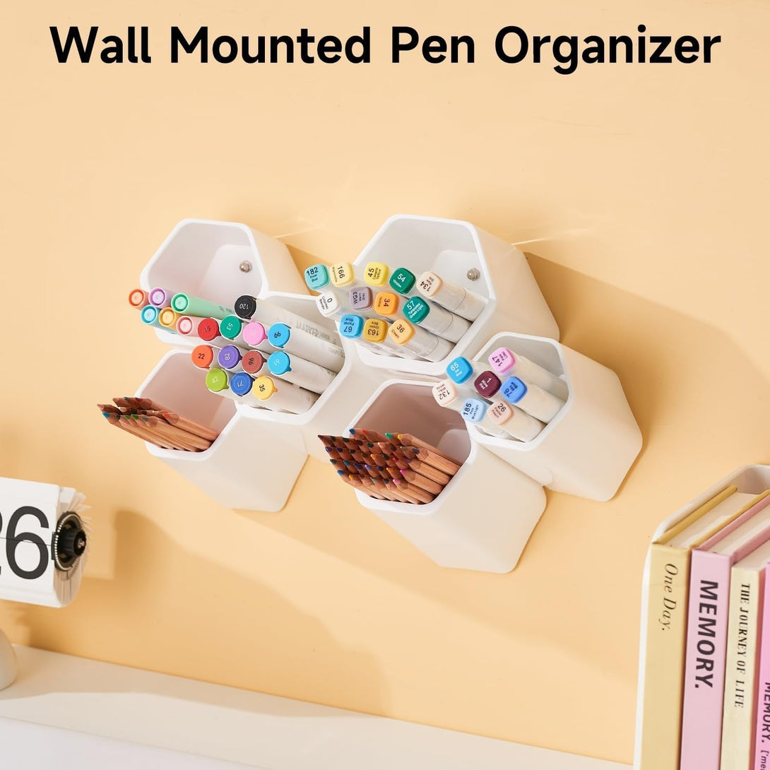6 Cup Splicing Clips Pen Holder, Modular 65° Desk Organizer for Markers, Pencils, and Pens - Ideal for Office, School, and Home Use (White)